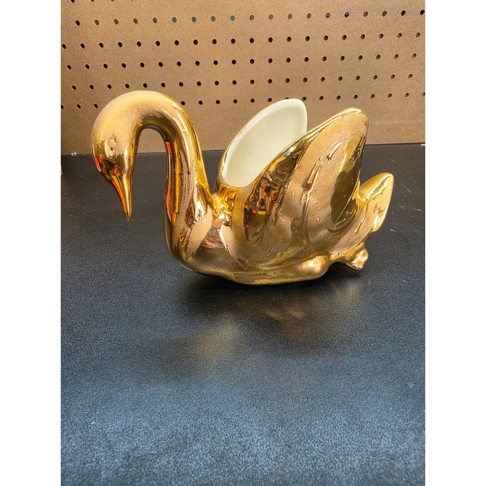 Vintage 24K flake Gold Ceramic Swan Planter Metallic Hollywood Regency Decor